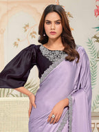 Soft Pastel Lavender Crepe Satin Silk Saree with Jardosi Handwork - Detail View 2