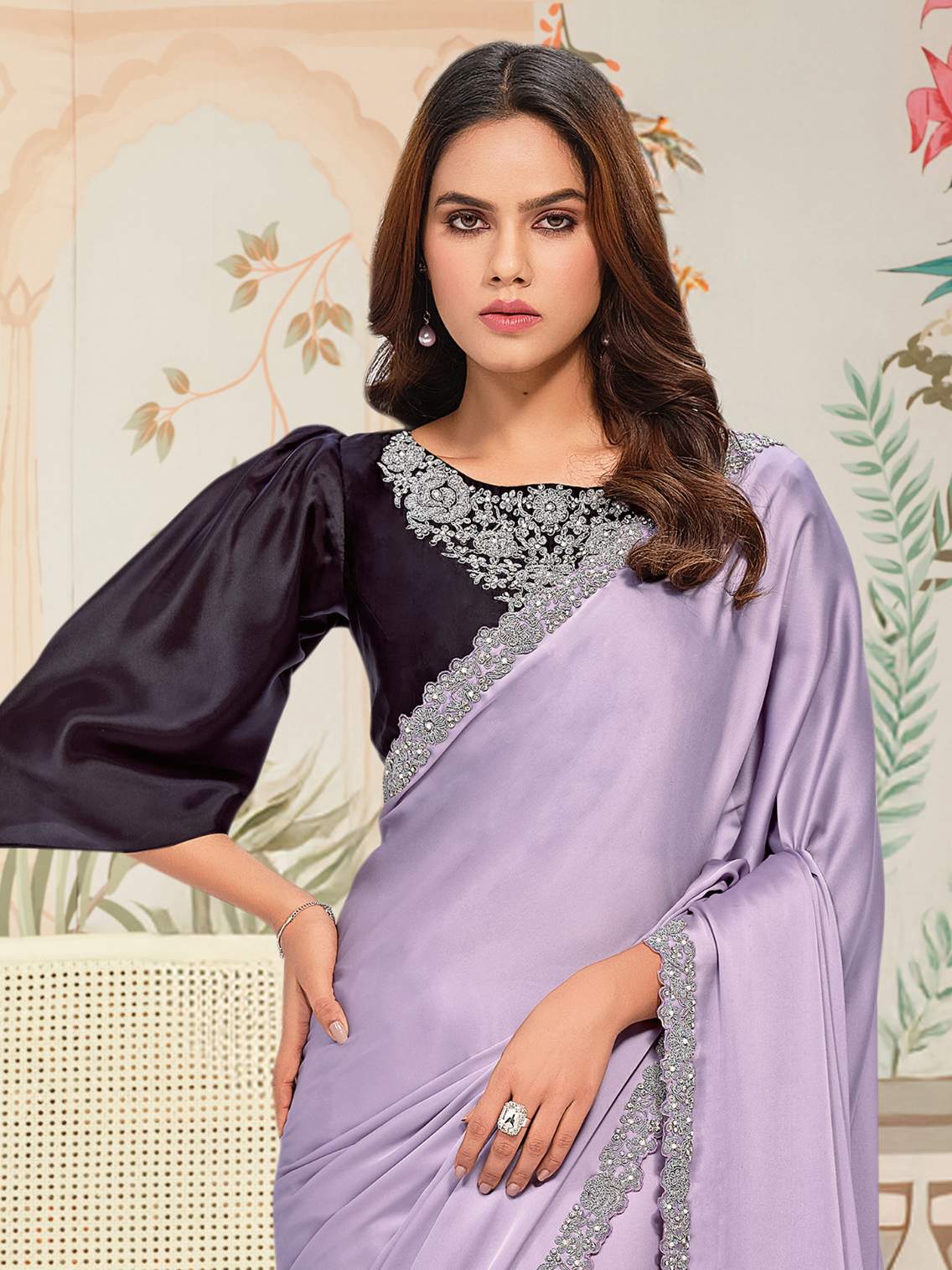 Soft Pastel Lavender Crepe Satin Silk Saree with Jardosi Handwork - Detail View 2