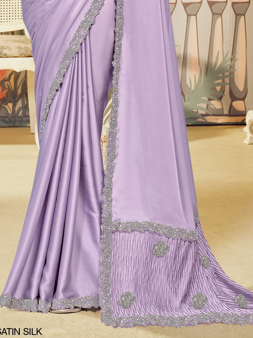 Soft Pastel Lavender Crepe Satin Silk Saree with Jardosi Handwork - Detail View 3