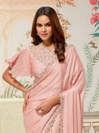 Pastel Blush Pink Crepe Satin Silk Saree with Sequence Handwork - Detail View 2