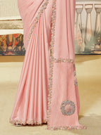 Pastel Blush Pink Crepe Satin Silk Saree with Sequence Handwork - Detail View 3
