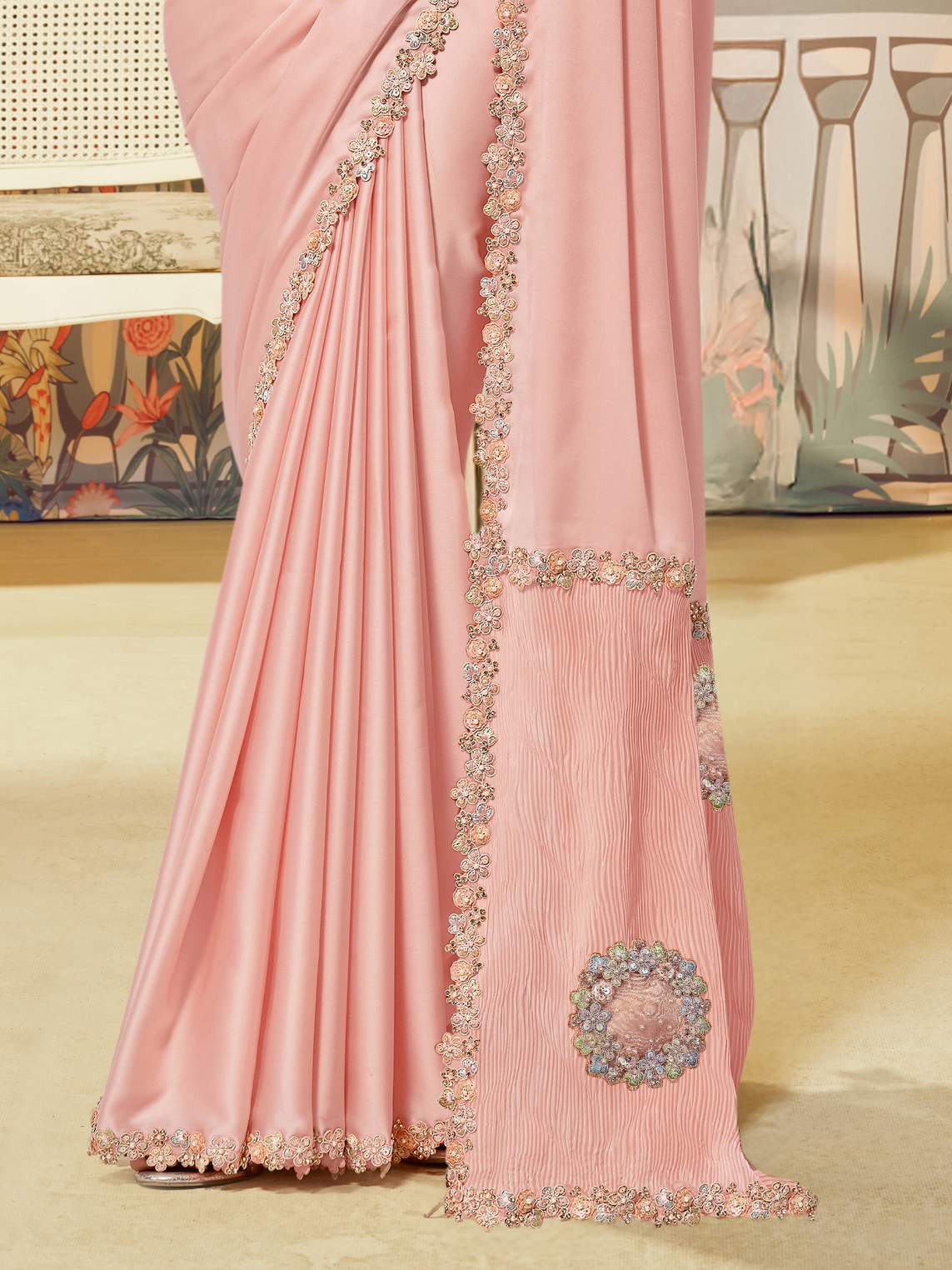 Pastel Blush Pink Crepe Satin Silk Saree with Sequence Handwork - Detail View 3