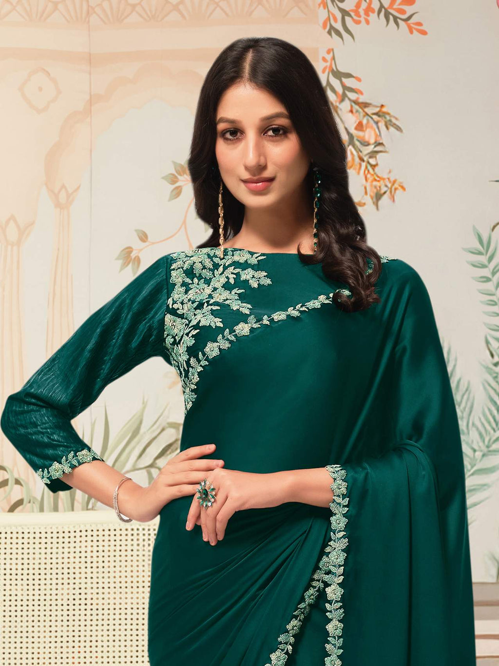 Emerald Bottle Green Crepe Satin Silk Saree with Jardosi Handwork - Detail View 2