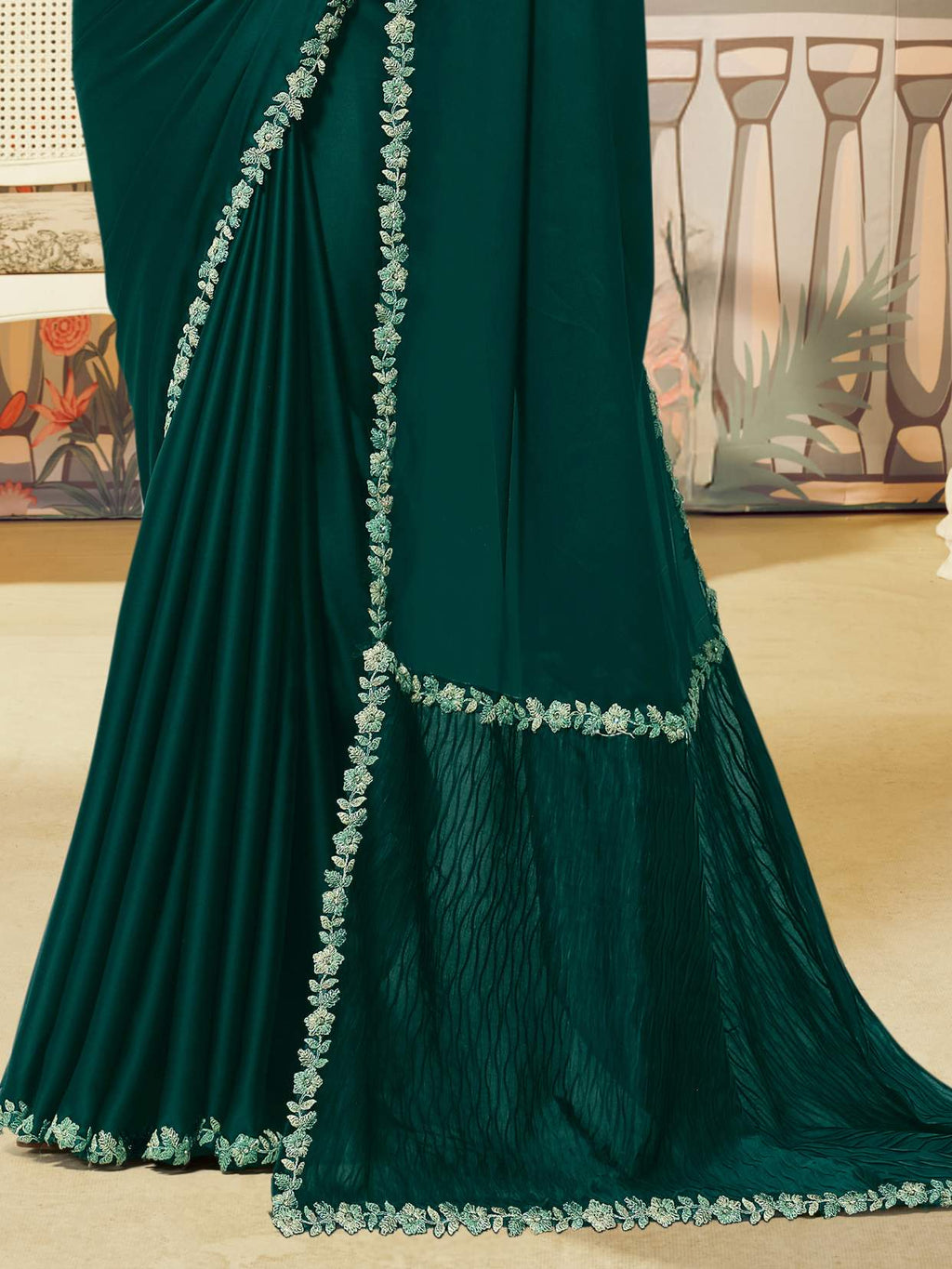 Emerald Bottle Green Crepe Satin Silk Saree with Jardosi Handwork - Detail View 3