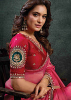 Hot Pink Zari Organza Silk Saree with Sequins, Stone & Appliqué Work and Deep Pink Satin Silk Unstitched Blouse