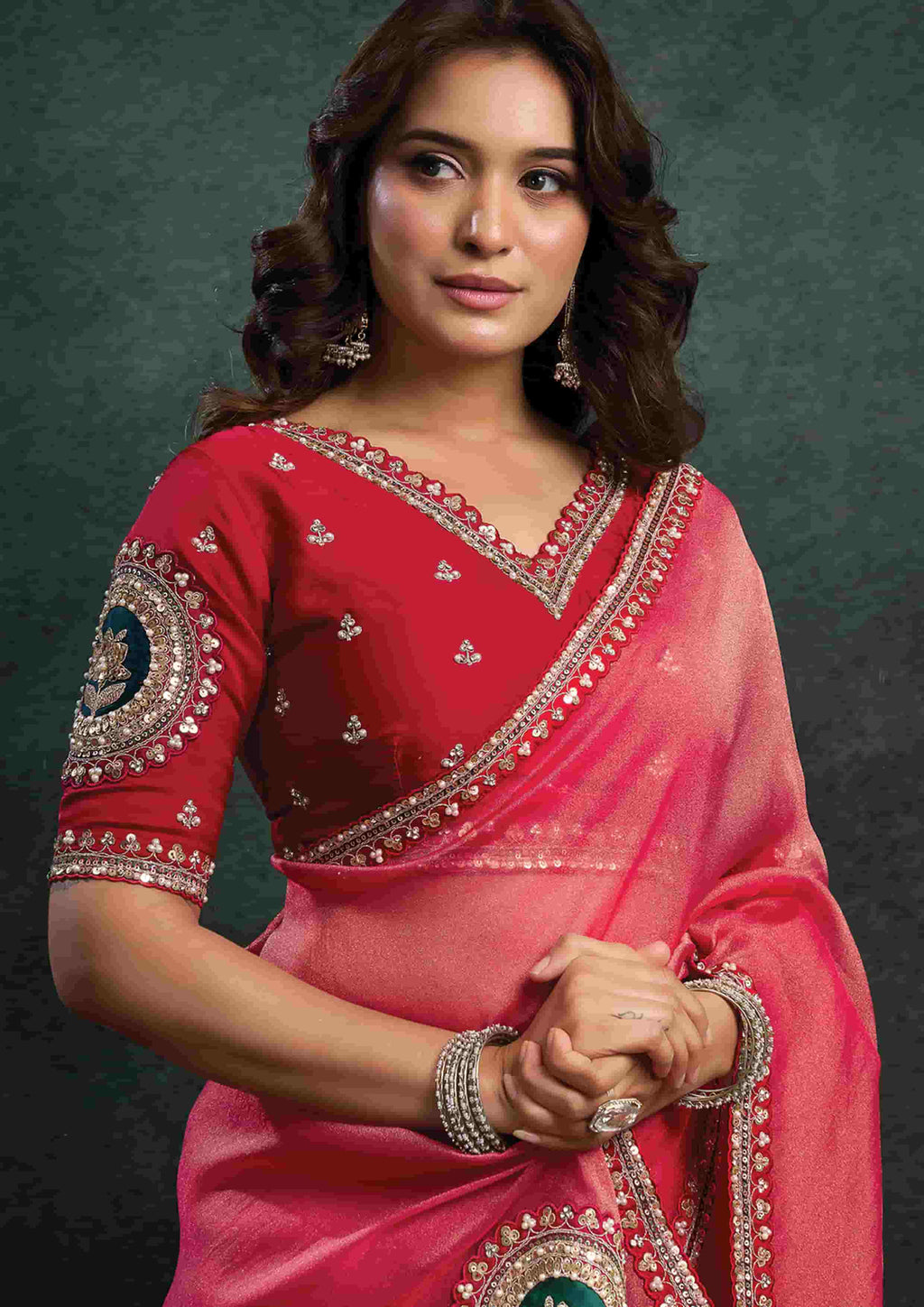 Hot Pink Zari Organza Silk Saree with Sequins, Stone & Appliqué Work and Deep Pink Satin Silk Unstitched Blouse