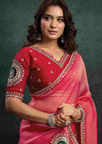 Hot Pink Zari Organza Silk Saree with Sequins, Stone & Appliqué Work and Deep Pink Satin Silk Unstitched Blouse