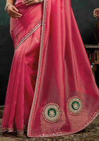 Hot Pink Zari Organza Silk Saree with Sequins, Stone & Appliqué Work and Deep Pink Satin Silk Unstitched Blouse