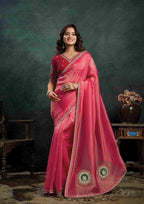 Hot Pink Zari Organza Silk Saree with Sequins, Stone & Appliqué Work and Deep Pink Satin Silk Unstitched Blouse