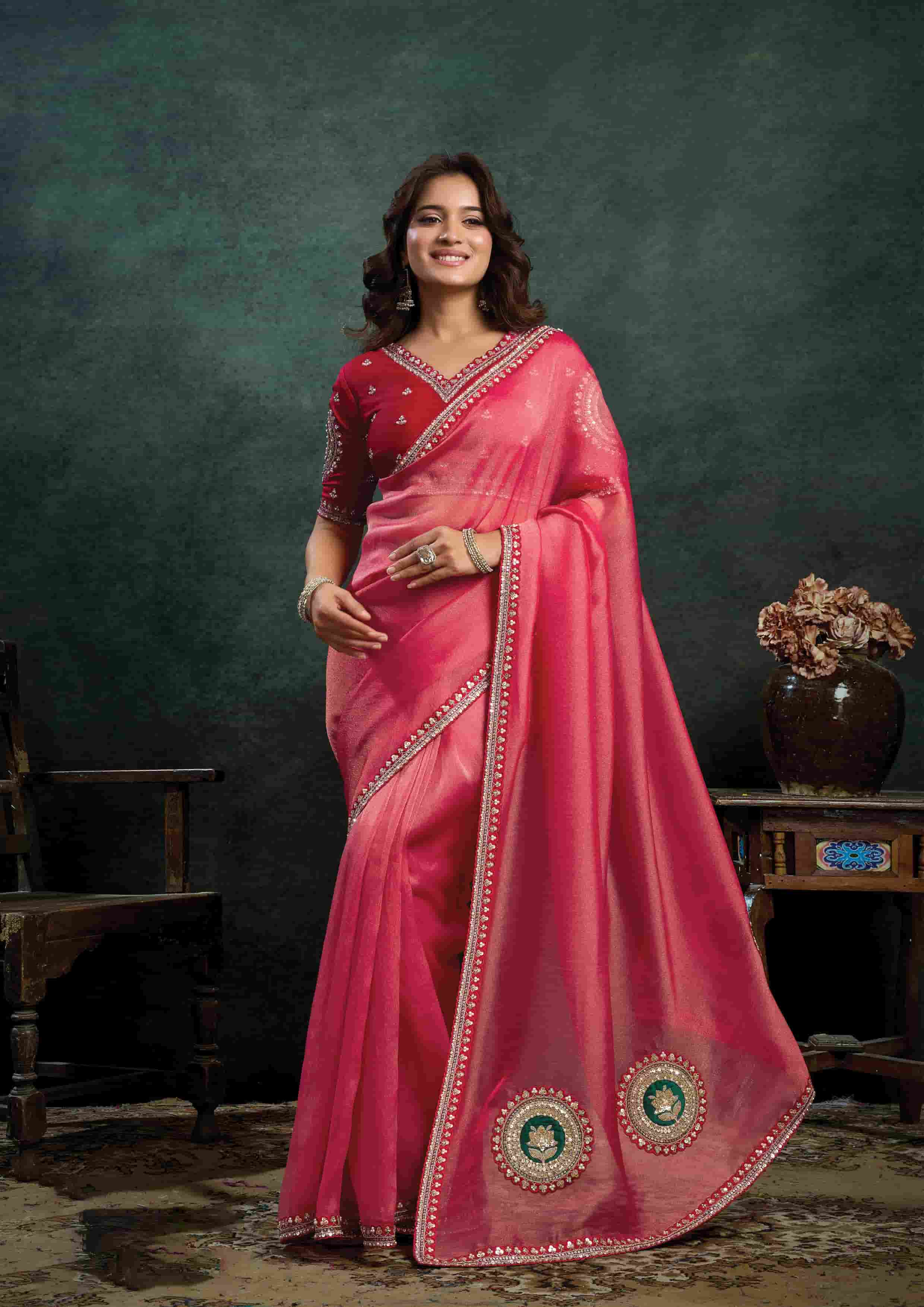 Hot Pink Zari Organza Silk Saree with Sequins, Stone & Appliqué Work and Deep Pink Satin Silk Unstitched Blouse
