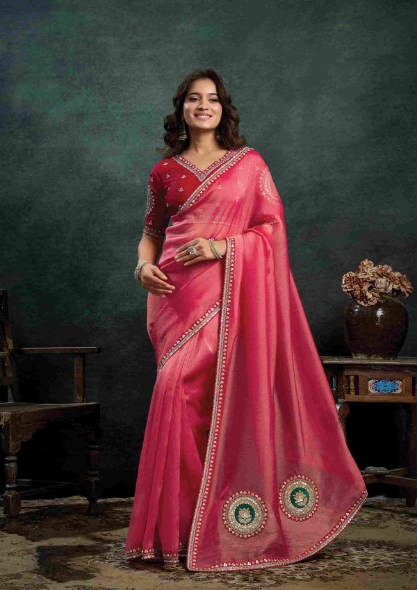 Pink Zari Organza Silk Sequins Embroidered Saree