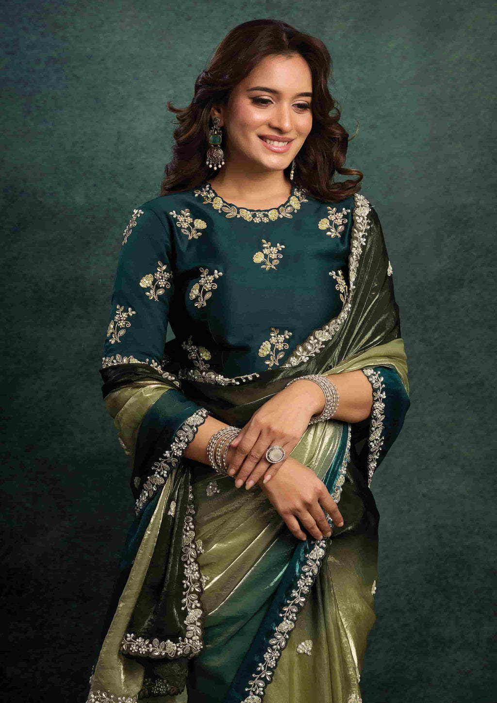 Teal Green & Olive Green Zari Organza Silk Saree with Sequins, Stone & Handwork and Teal Green Satin Silk Unstitched Blouse