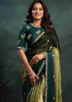 Teal Green & Olive Green Zari Organza Silk Saree with Sequins, Stone & Handwork and Teal Green Satin Silk Unstitched Blouse