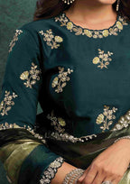 Teal Green & Olive Green Zari Organza Silk Saree with Sequins, Stone & Handwork and Teal Green Satin Silk Unstitched Blouse