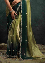 Teal Green & Olive Green Zari Organza Silk Saree with Sequins, Stone & Handwork and Teal Green Satin Silk Unstitched Blouse