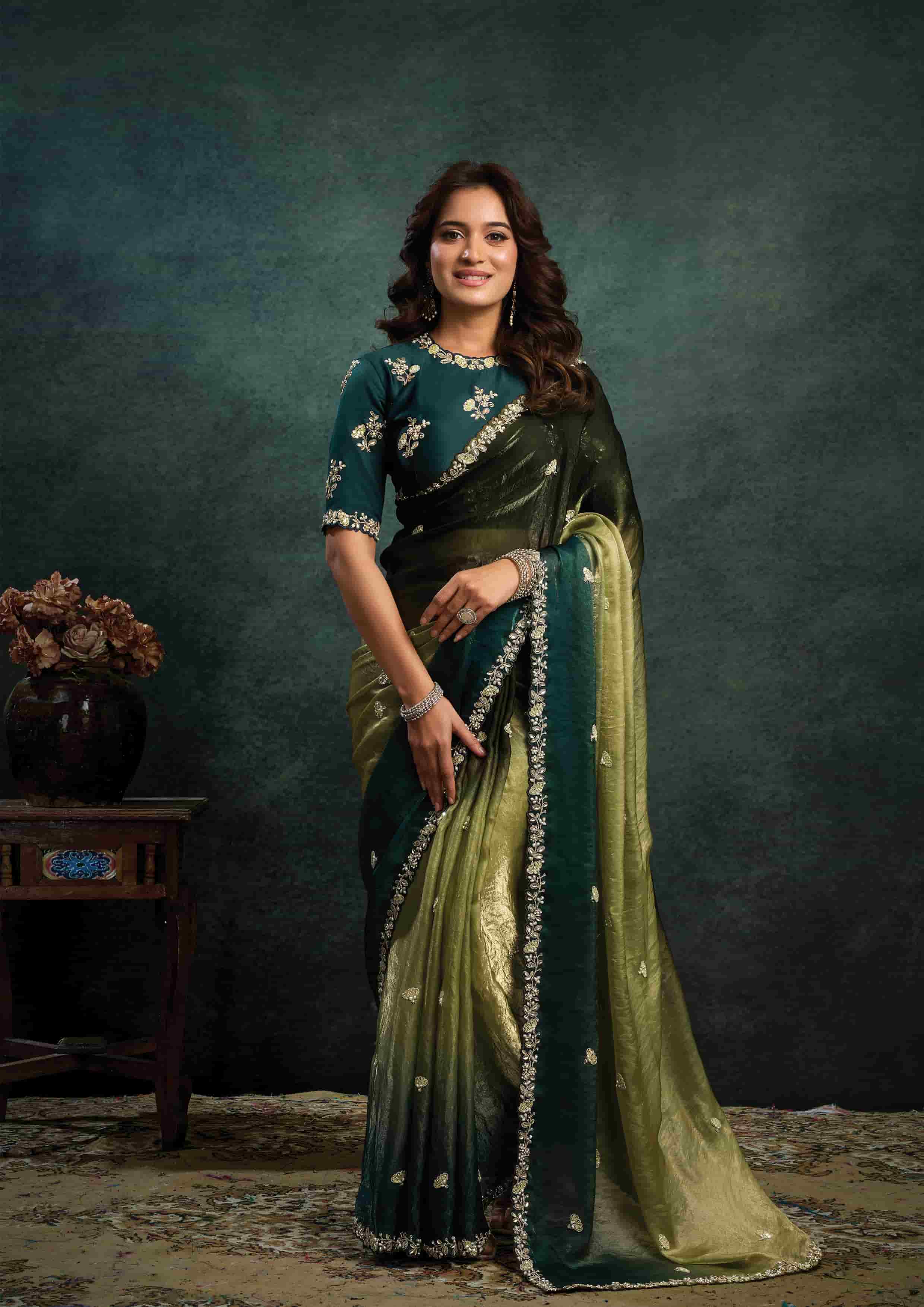 Teal Green & Olive Green Zari Organza Silk Saree with Sequins, Stone & Handwork and Teal Green Satin Silk Unstitched Blouse
