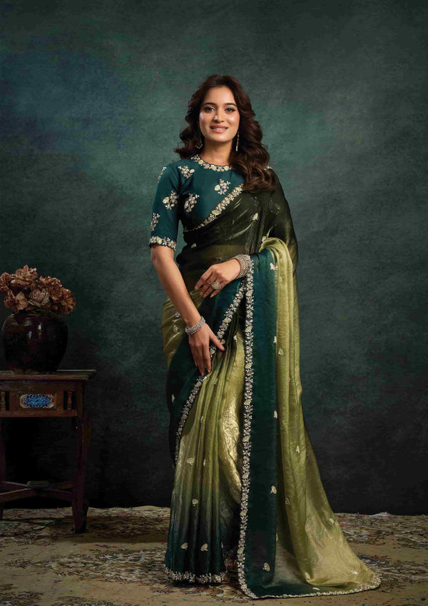 Teal Green Zari Organza Silk Sequins Embroidered Saree