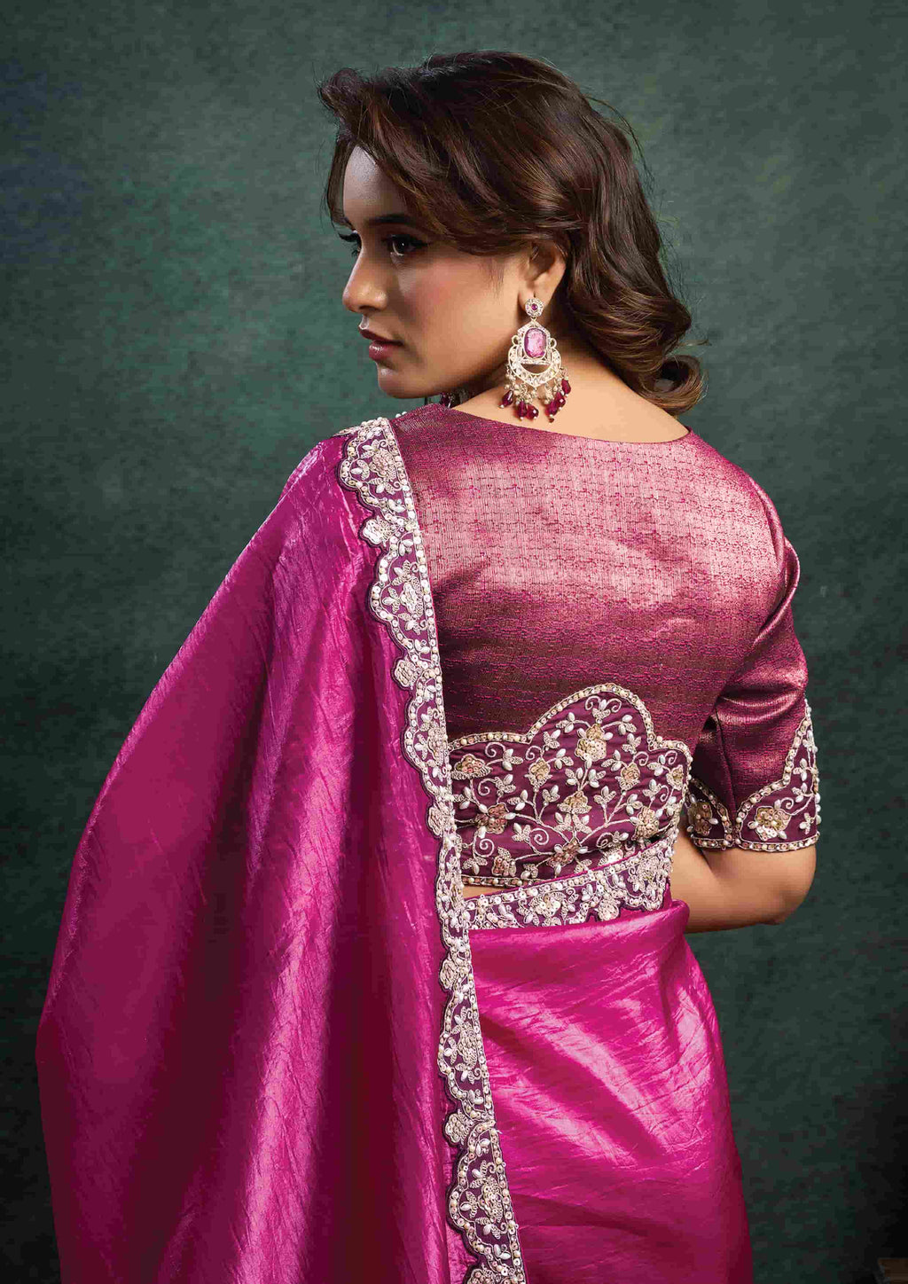 Magenta Crush Satin Silk Saree with Dual Sequins Embroidery, Pearl, Stone & Handwork and Magenta Zari Brocade Silk Unstitched Blouse