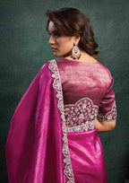 Magenta Crush Satin Silk Saree with Dual Sequins Embroidery, Pearl, Stone & Handwork and Magenta Zari Brocade Silk Unstitched Blouse