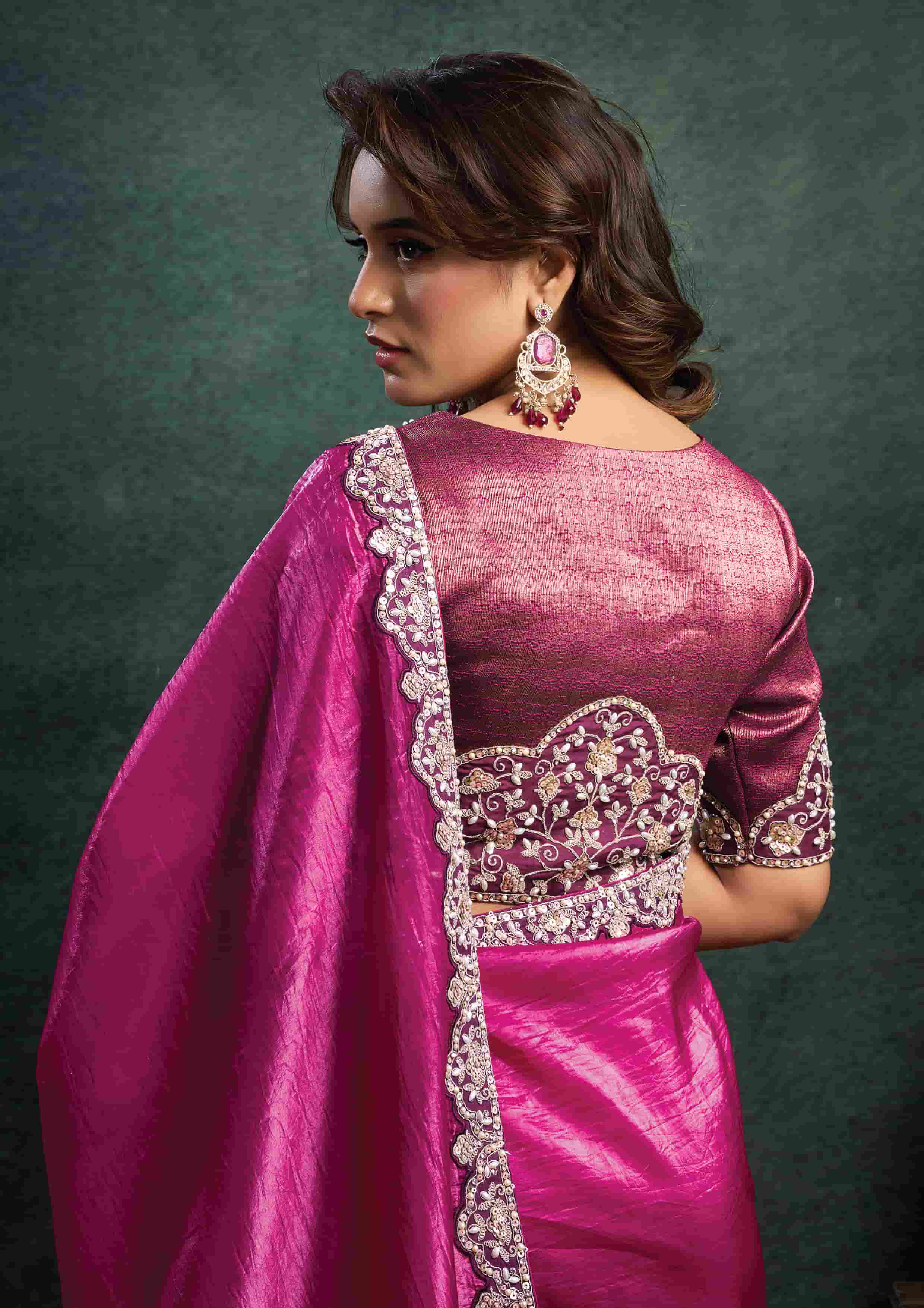Magenta Crush Satin Silk Saree with Dual Sequins Embroidery, Pearl, Stone & Handwork and Magenta Zari Brocade Silk Unstitched Blouse