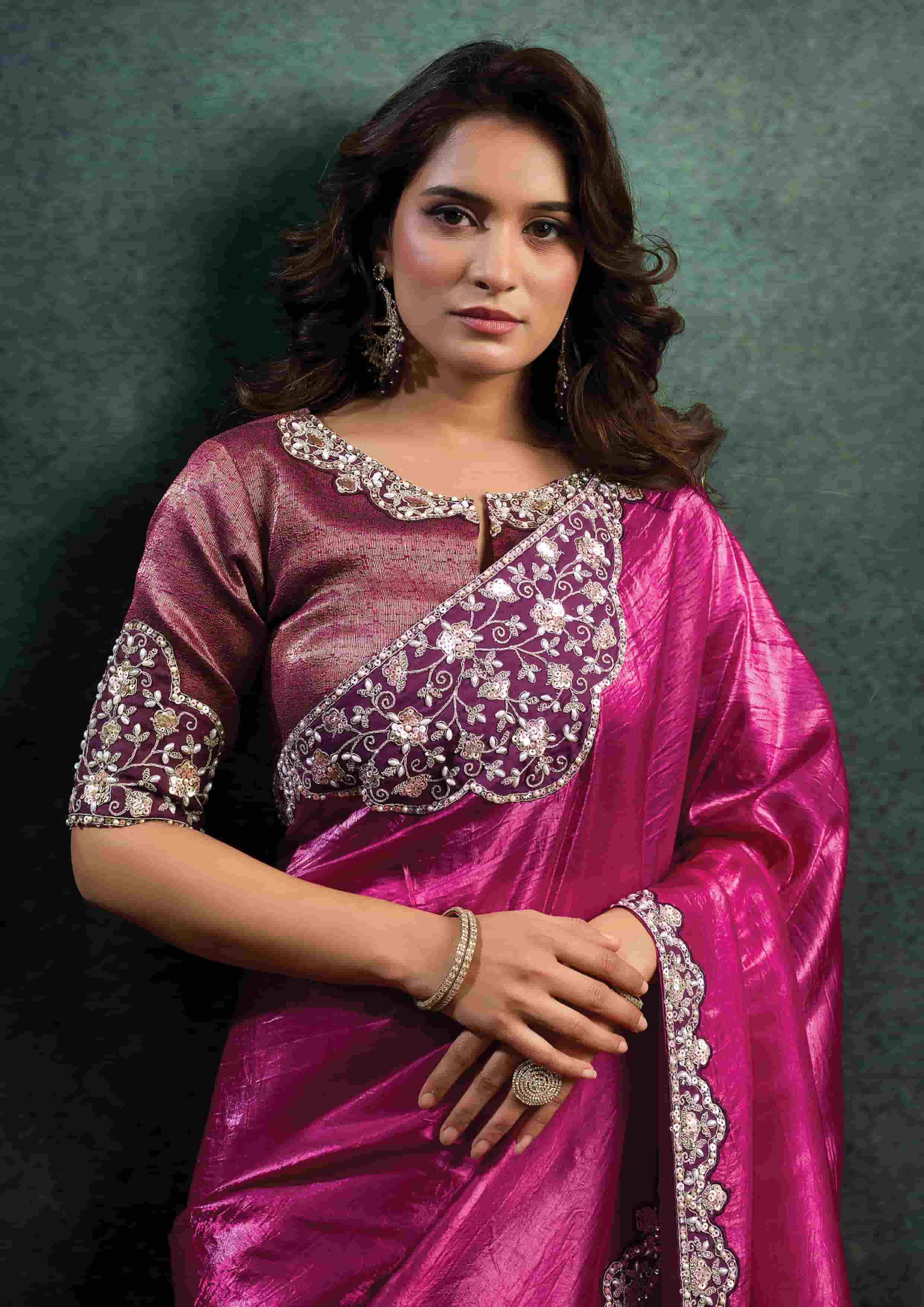 Front View of Royal Purple Organza Silk Saree