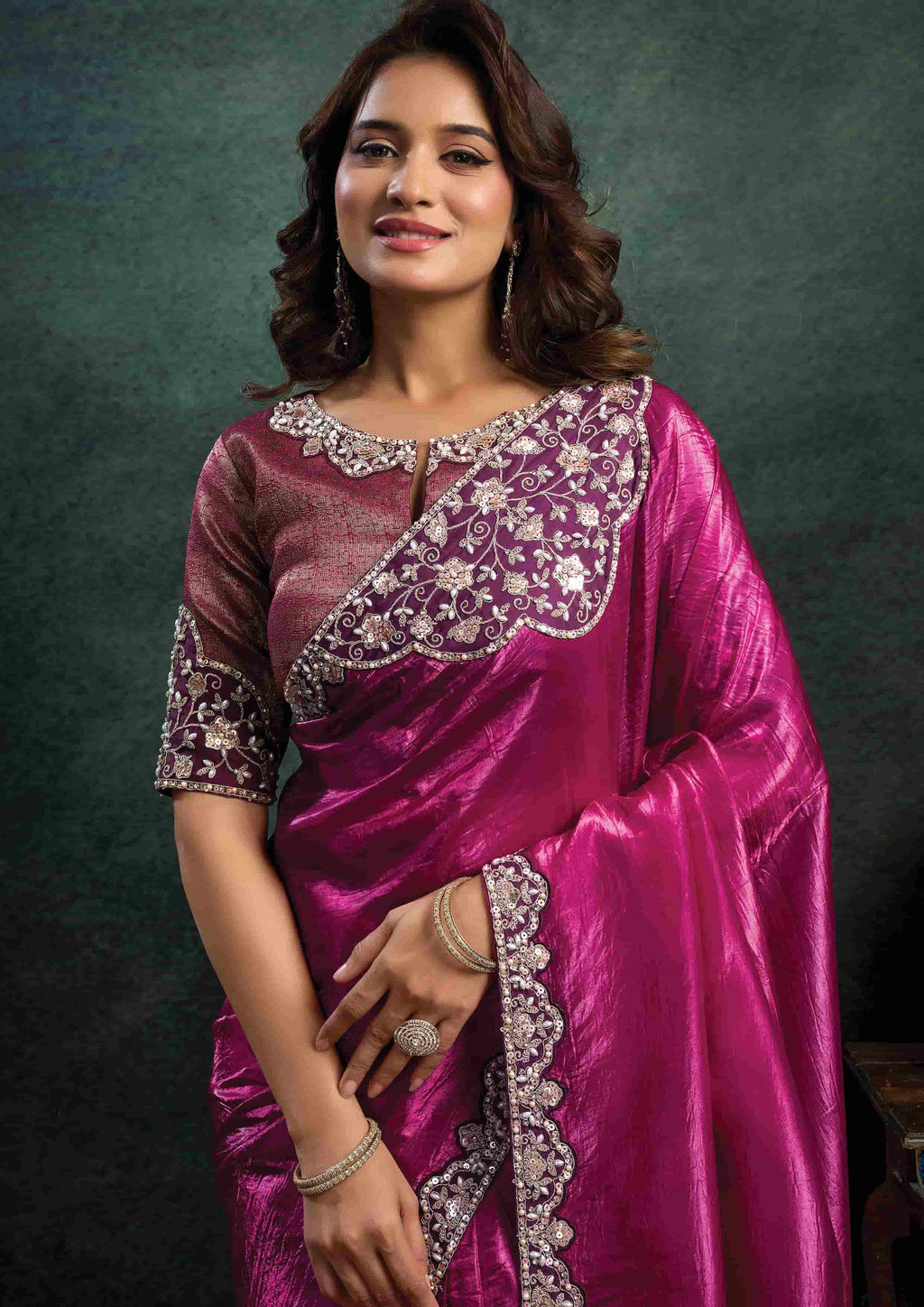 Magenta Crush Satin Silk Saree with Dual Sequins Embroidery, Pearl, Stone & Handwork and Magenta Zari Brocade Silk Unstitched Blouse