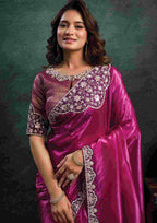 Magenta Crush Satin Silk Saree with Dual Sequins Embroidery, Pearl, Stone & Handwork and Magenta Zari Brocade Silk Unstitched Blouse
