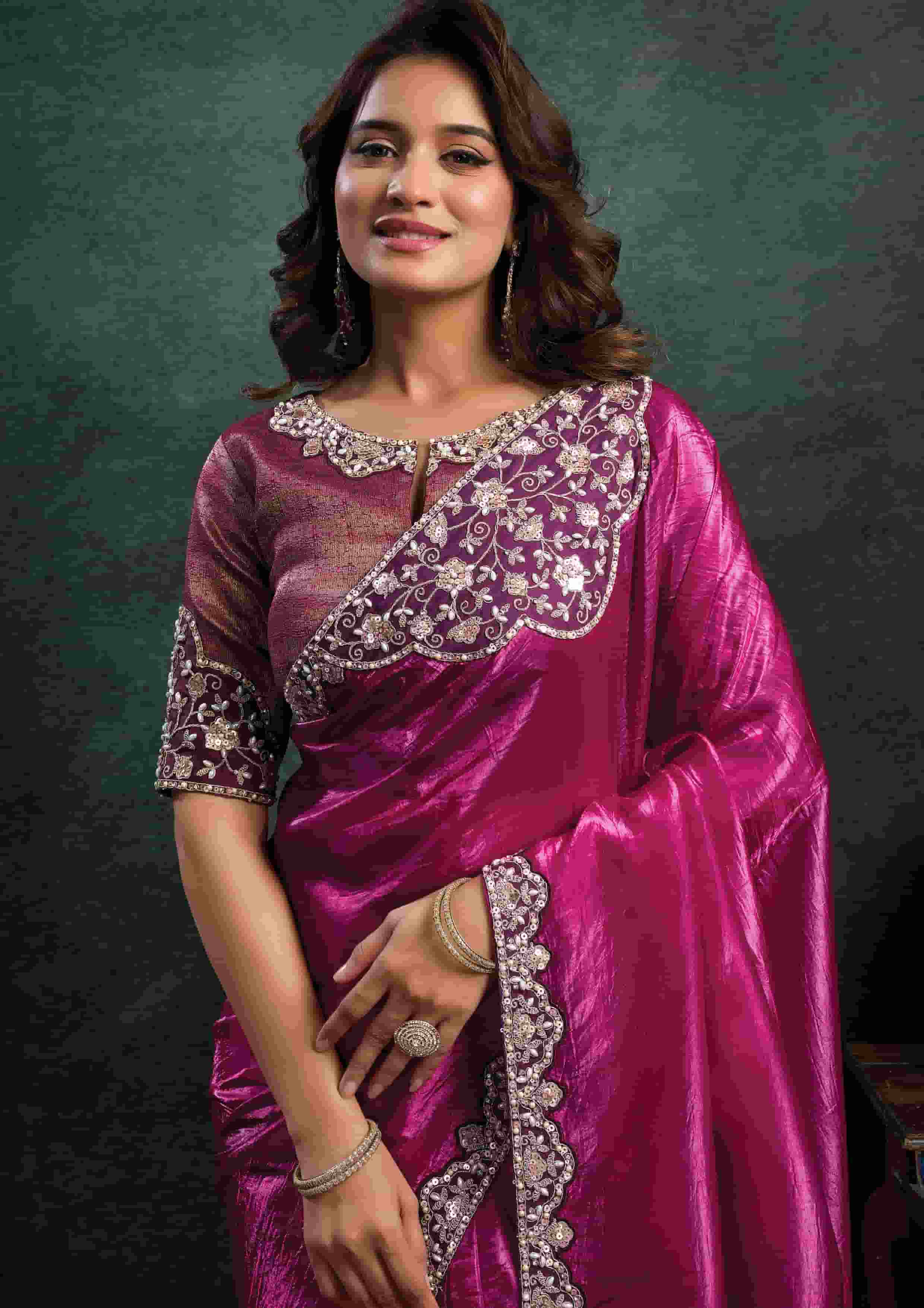 Magenta Crush Satin Silk Saree with Dual Sequins Embroidery, Pearl, Stone & Handwork and Magenta Zari Brocade Silk Unstitched Blouse