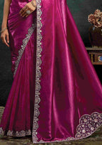 Magenta Crush Satin Silk Saree with Dual Sequins Embroidery, Pearl, Stone & Handwork and Magenta Zari Brocade Silk Unstitched Blouse