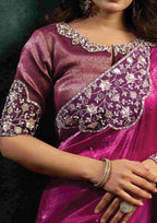 Magenta Crush Satin Silk Saree with Dual Sequins Embroidery, Pearl, Stone & Handwork and Magenta Zari Brocade Silk Unstitched Blouse