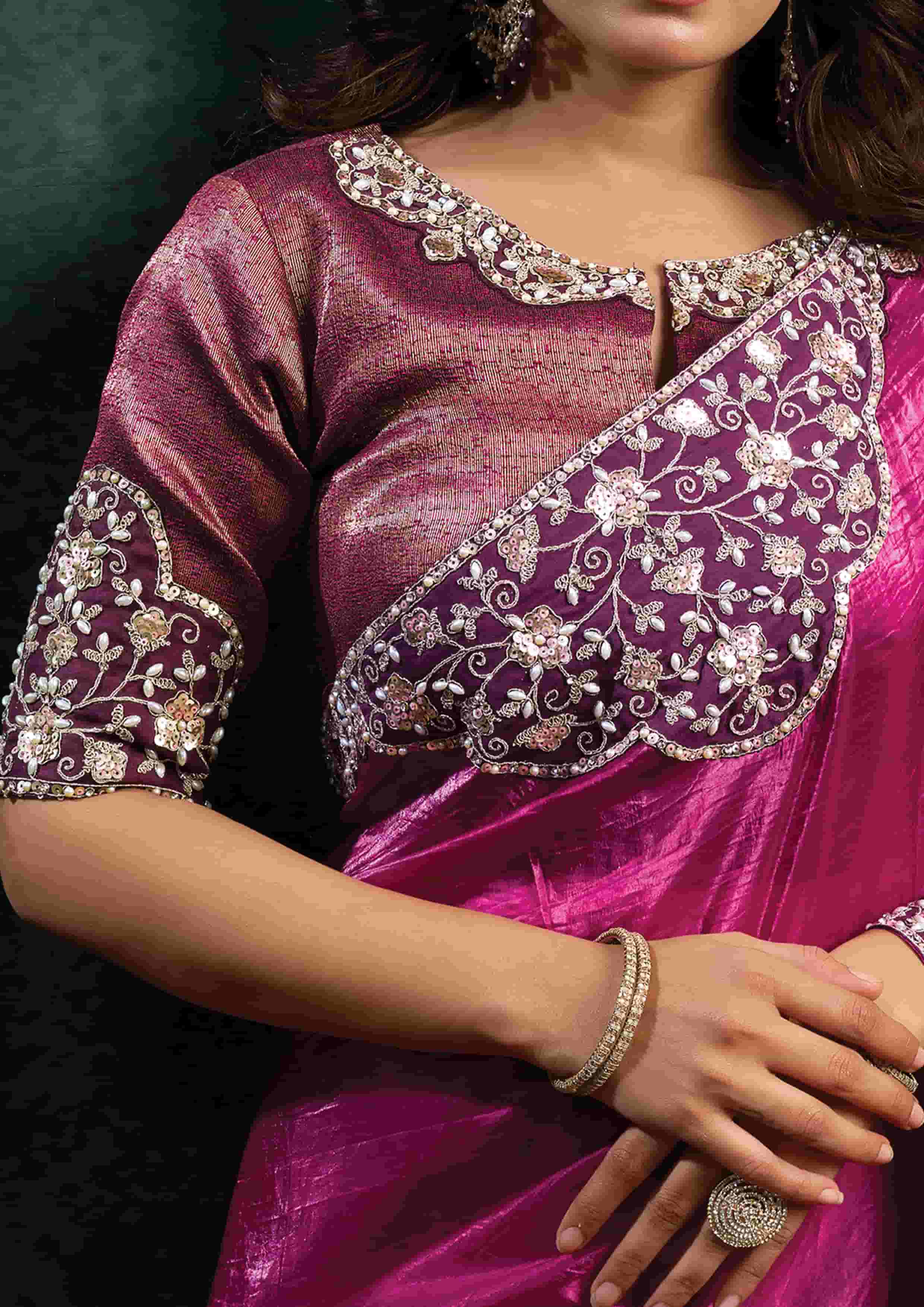 Magenta Crush Satin Silk Saree with Dual Sequins Embroidery, Pearl, Stone & Handwork and Magenta Zari Brocade Silk Unstitched Blouse