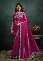 Magenta Crush Satin Silk Saree with Dual Sequins Embroidery, Pearl, Stone & Handwork and Magenta Zari Brocade Silk Unstitched Blouse