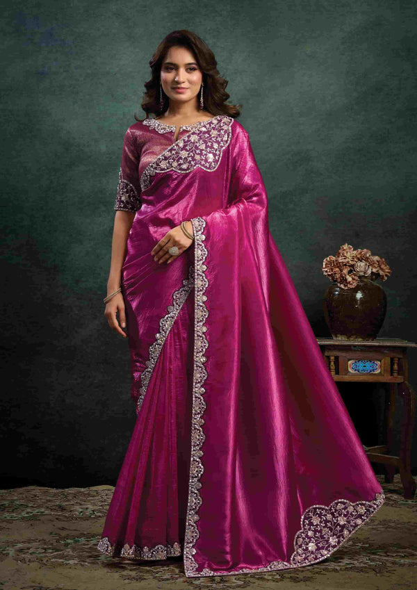 Pink Crush Satin Silk Dual Sequins Embroidered Saree