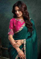 Deep Teal Green Satin Silk Saree with Thread Embroidery, Stone & Appliqué Work and Rani Pink Satin Silk Unstitched Blouse