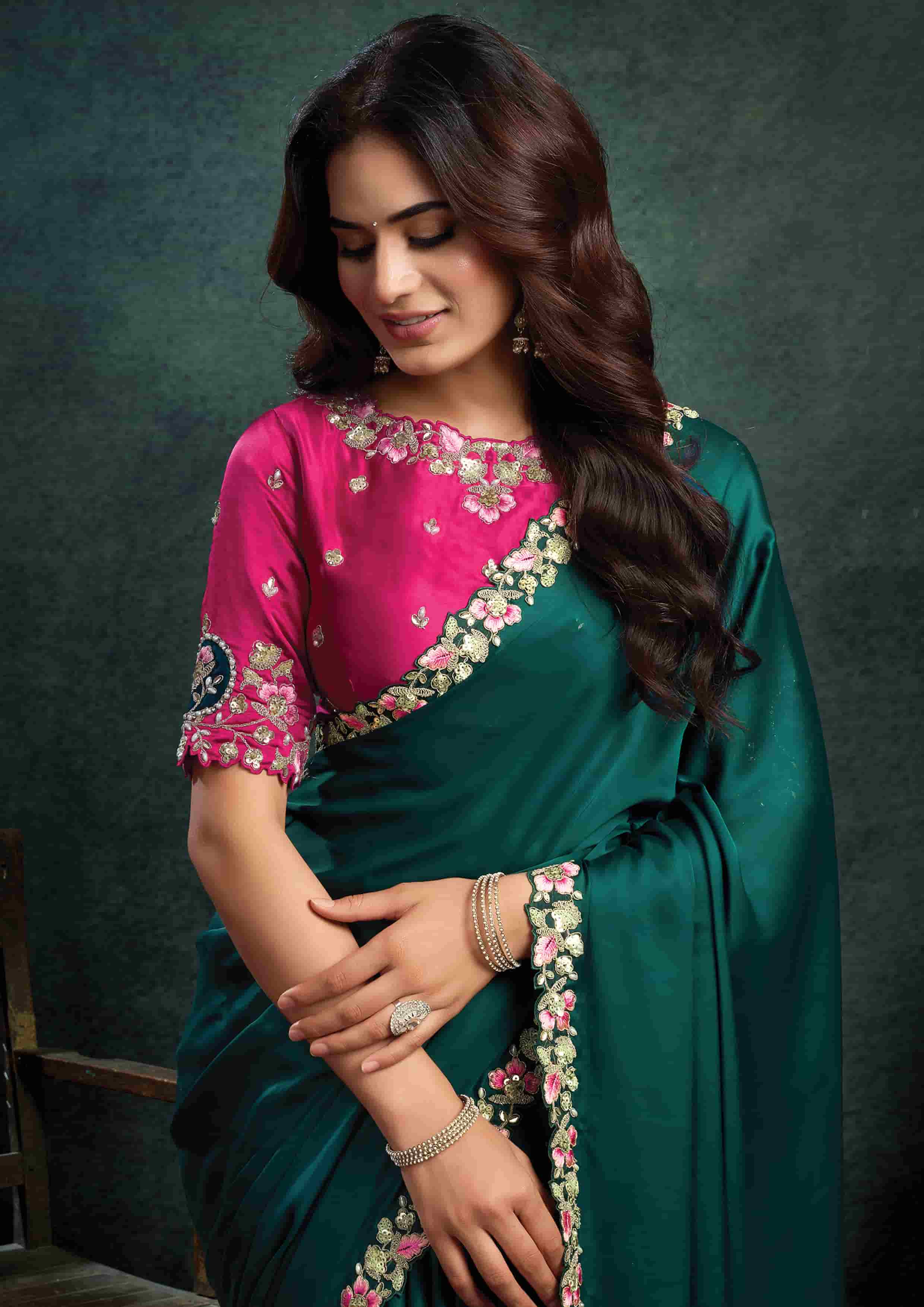 Deep Teal Green Satin Silk Saree with Thread Embroidery, Stone & Appliqué Work and Rani Pink Satin Silk Unstitched Blouse