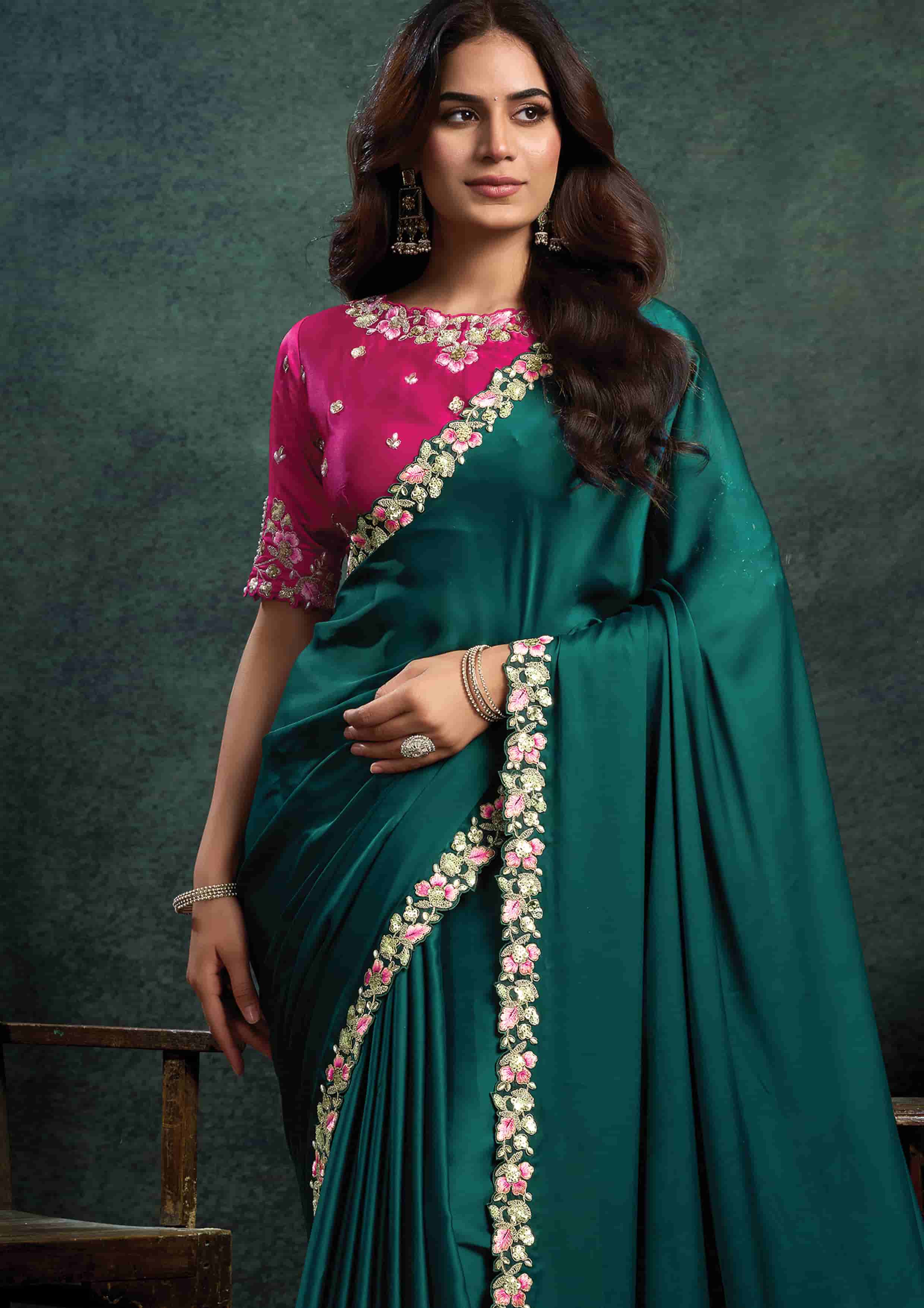Deep Teal Green Satin Silk Saree with Thread Embroidery, Stone & Appliqué Work and Rani Pink Satin Silk Unstitched Blouse