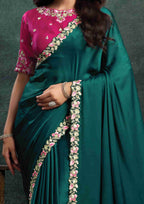 Deep Teal Green Satin Silk Saree with Thread Embroidery, Stone & Appliqué Work and Rani Pink Satin Silk Unstitched Blouse