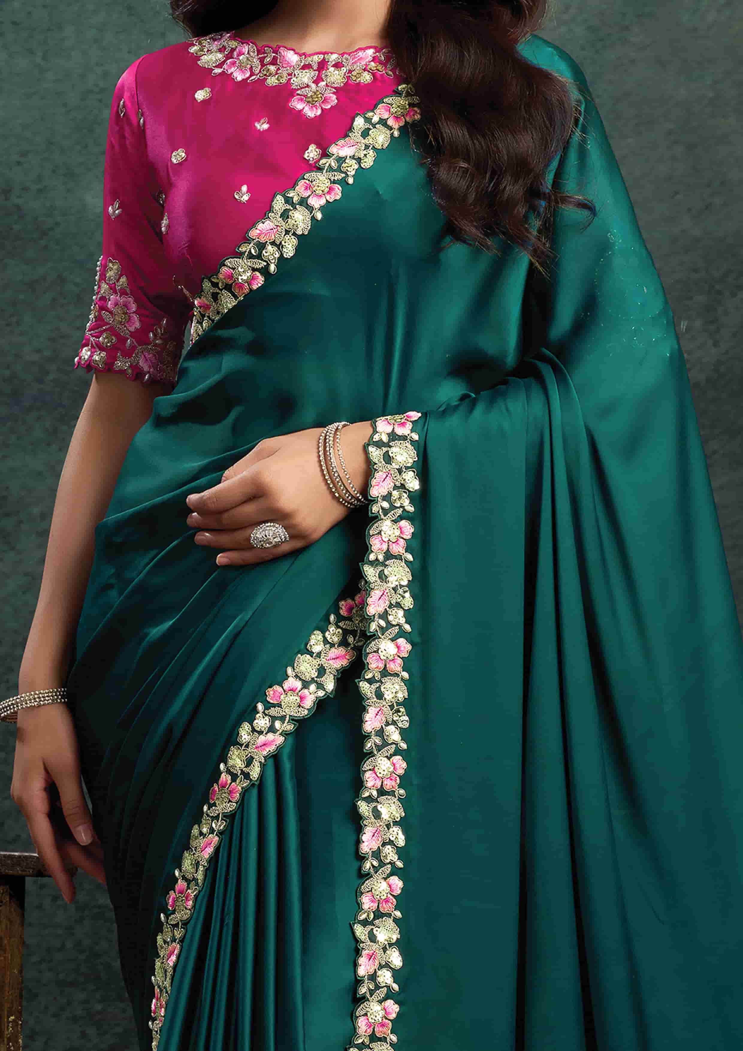 Deep Teal Green Satin Silk Saree with Thread Embroidery, Stone & Appliqué Work and Rani Pink Satin Silk Unstitched Blouse