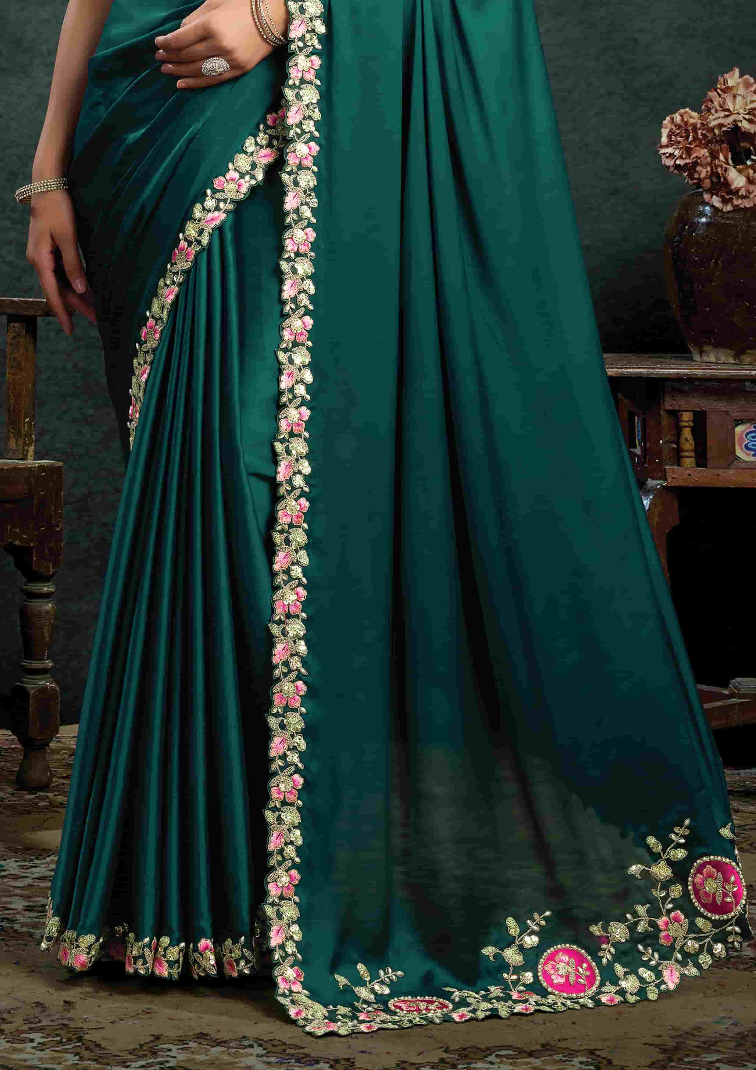 Deep Teal Green Satin Silk Saree with Thread Embroidery, Stone & Appliqué Work and Rani Pink Satin Silk Unstitched Blouse
