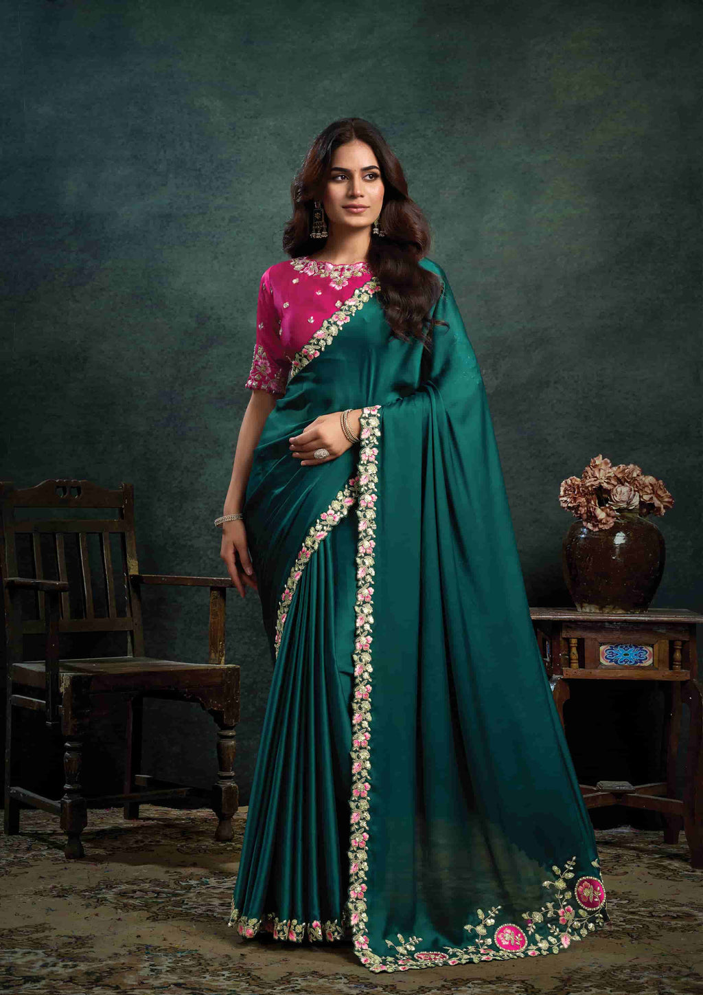 Deep Teal Green Satin Silk Saree with Thread Embroidery, Stone & Appliqué Work and Rani Pink Satin Silk Unstitched Blouse
