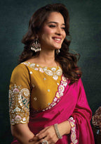 Rani Pink Satin Silk Saree with Thread Embroidery, Stone & Appliqué Work and Mustard Yellow Satin Silk Unstitched Blouse