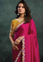 Rani Pink Satin Silk Saree with Thread Embroidery, Stone & Appliqué Work and Mustard Yellow Satin Silk Unstitched Blouse