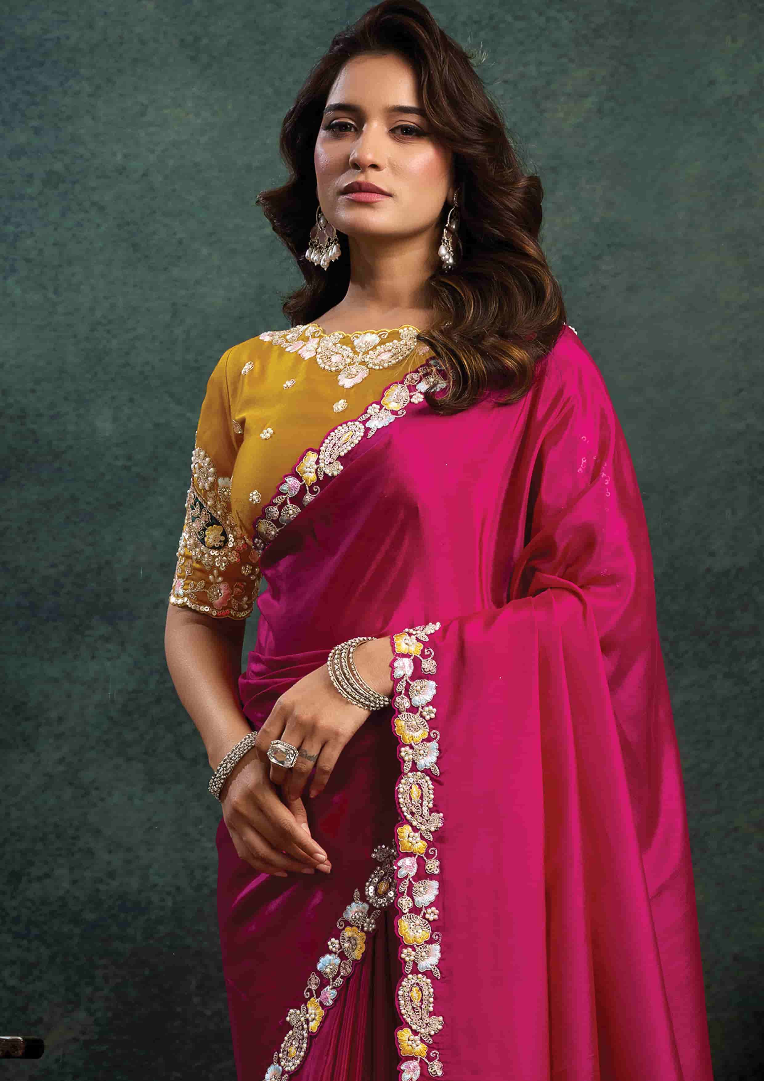 Rani Pink Satin Silk Saree with Thread Embroidery, Stone & Appliqué Work and Mustard Yellow Satin Silk Unstitched Blouse