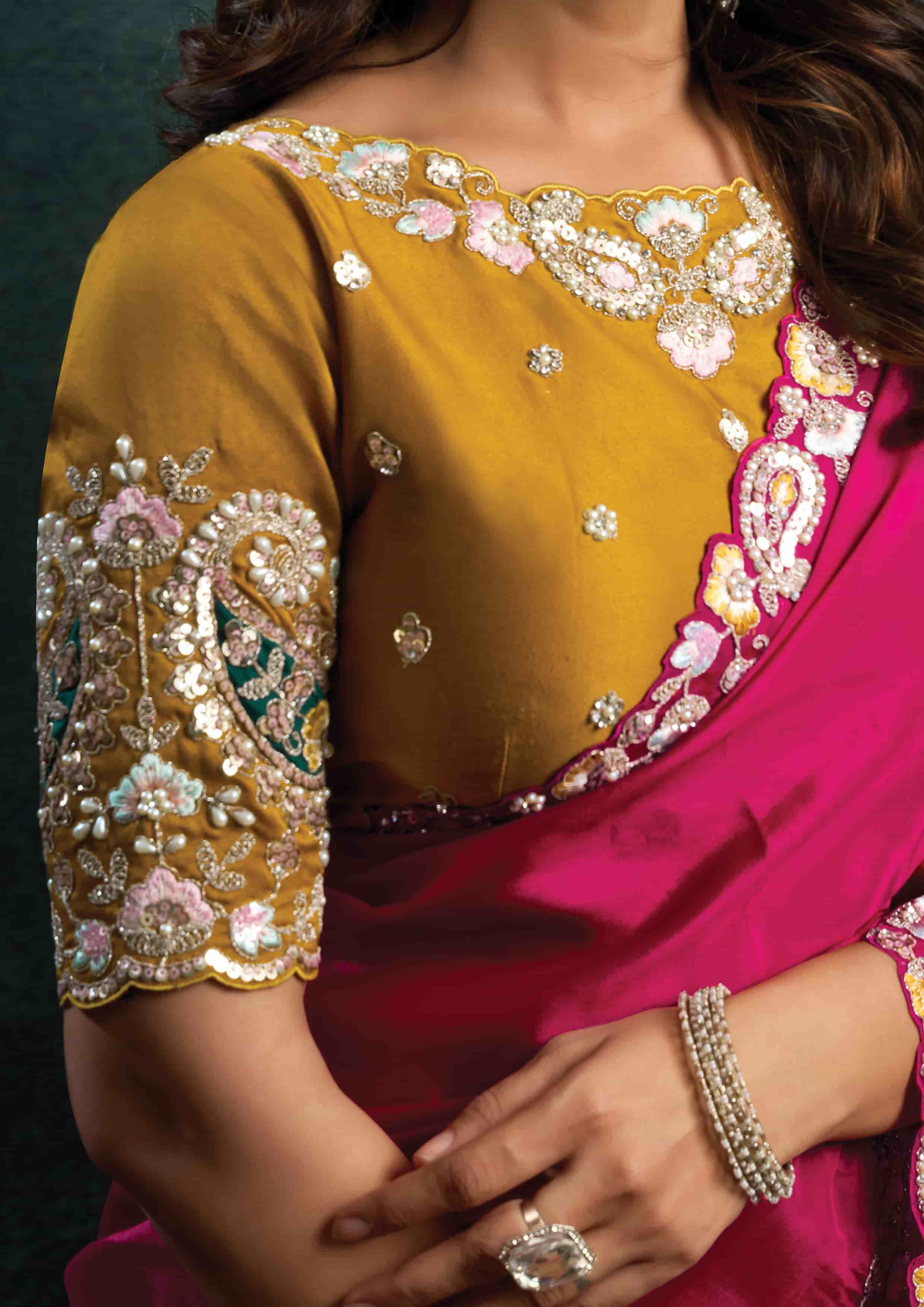 Rani Pink Satin Silk Saree with Thread Embroidery, Stone & Appliqué Work and Mustard Yellow Satin Silk Unstitched Blouse