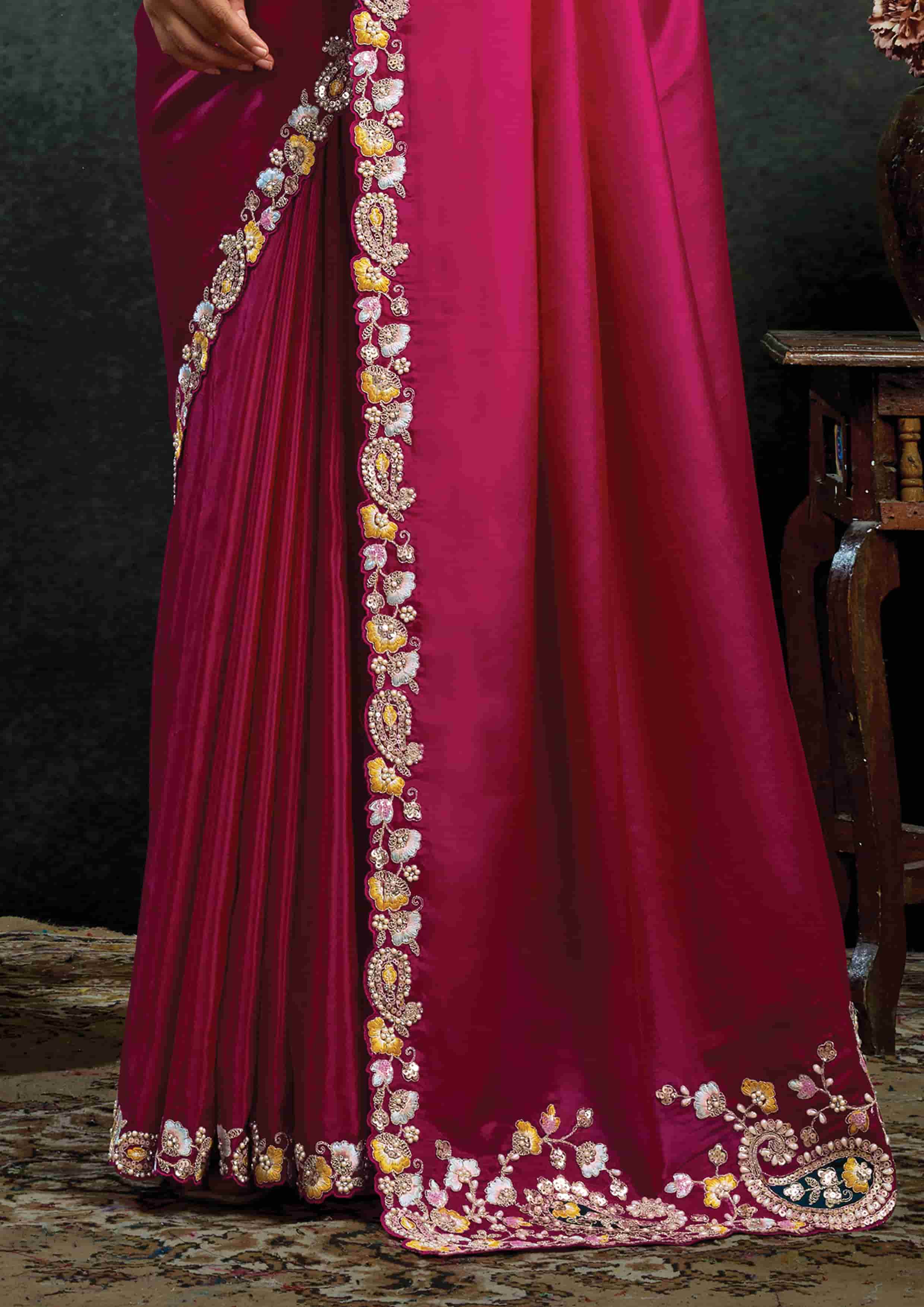 Rani Pink Satin Silk Saree with Thread Embroidery, Stone & Appliqué Work and Mustard Yellow Satin Silk Unstitched Blouse
