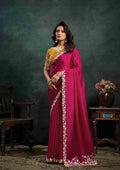 Rani Pink Satin Silk Saree with Thread Embroidery, Stone & Appliqué Work and Mustard Yellow Satin Silk Unstitched Blouse