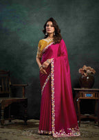 Rani Pink Satin Silk Saree with Thread Embroidery, Stone & Appliqué Work and Mustard Yellow Satin Silk Unstitched Blouse