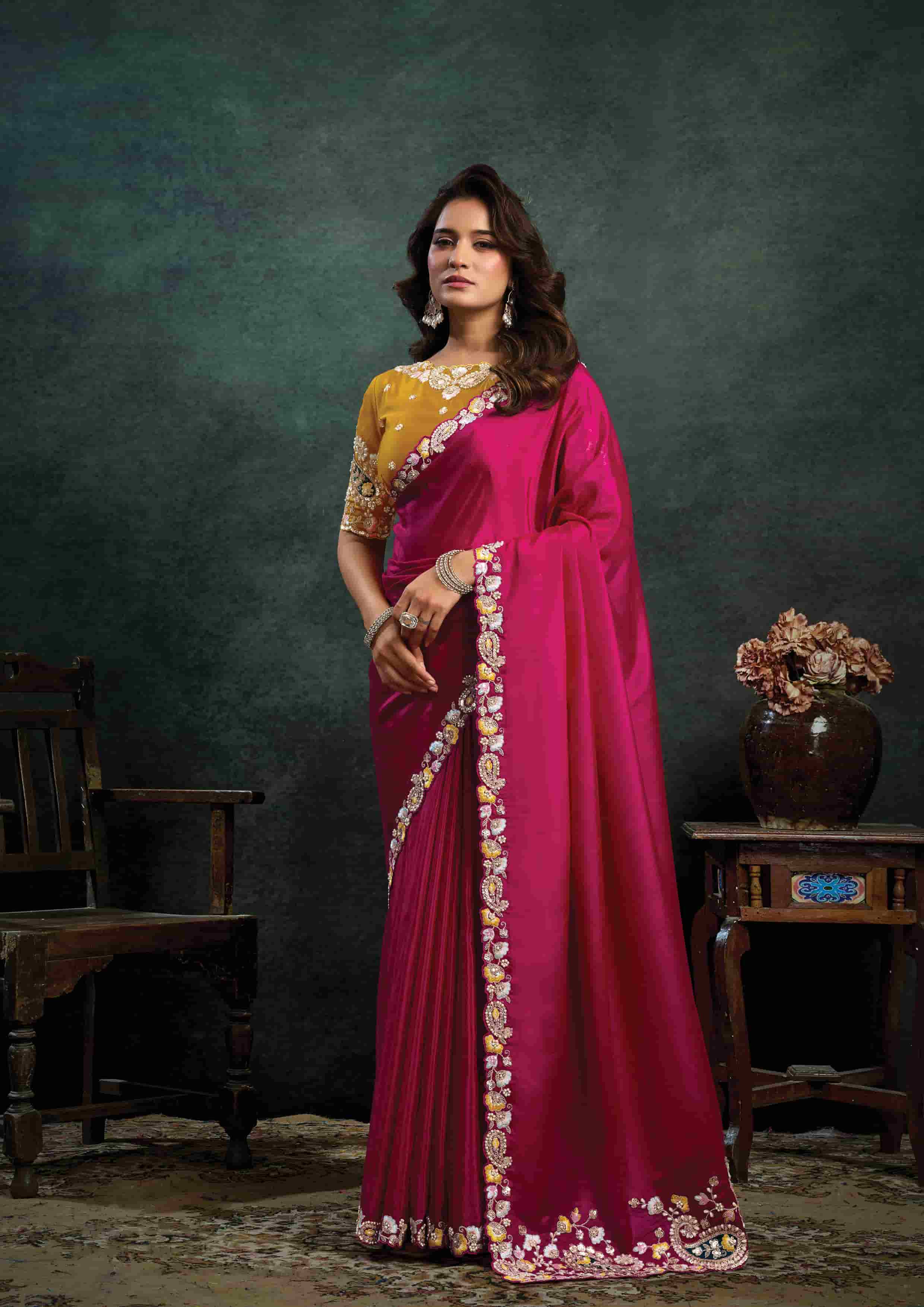 Rani Pink Satin Silk Saree with Thread Embroidery, Stone & Appliqué Work and Mustard Yellow Satin Silk Unstitched Blouse
