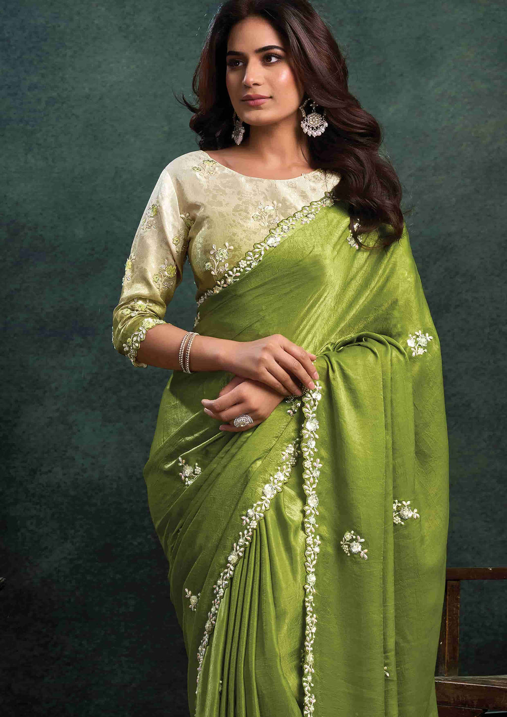 Pistachio Green Organza Silk Saree with Sequins & Thread Embroidery and Ivory Cream Satin Silk Unstitched Blouse