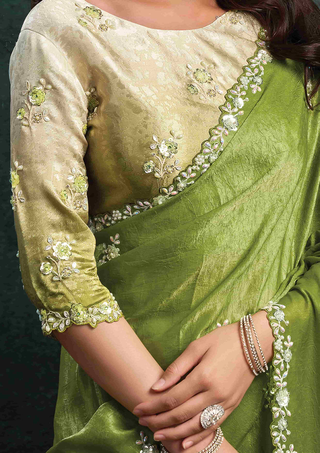 Pistachio Green Organza Silk Saree with Sequins & Thread Embroidery and Ivory Cream Satin Silk Unstitched Blouse